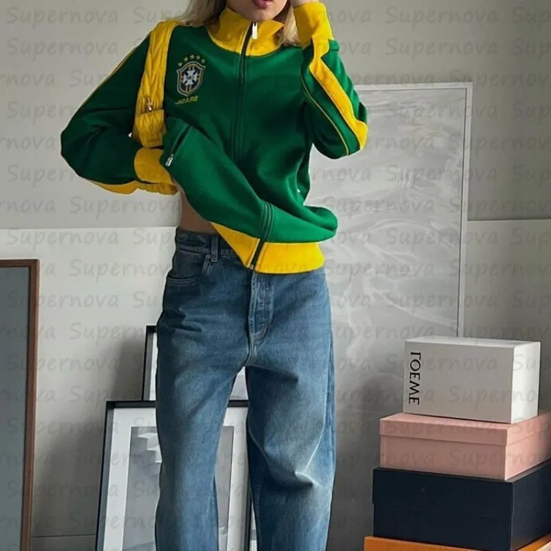 Y2K Aesthetic Vintage Sweatshirts Letter Embroidery Graphic Pattern Zip Up Hoodie 90s Stand collar Retro Grunge Goth Jacket Coat 240717