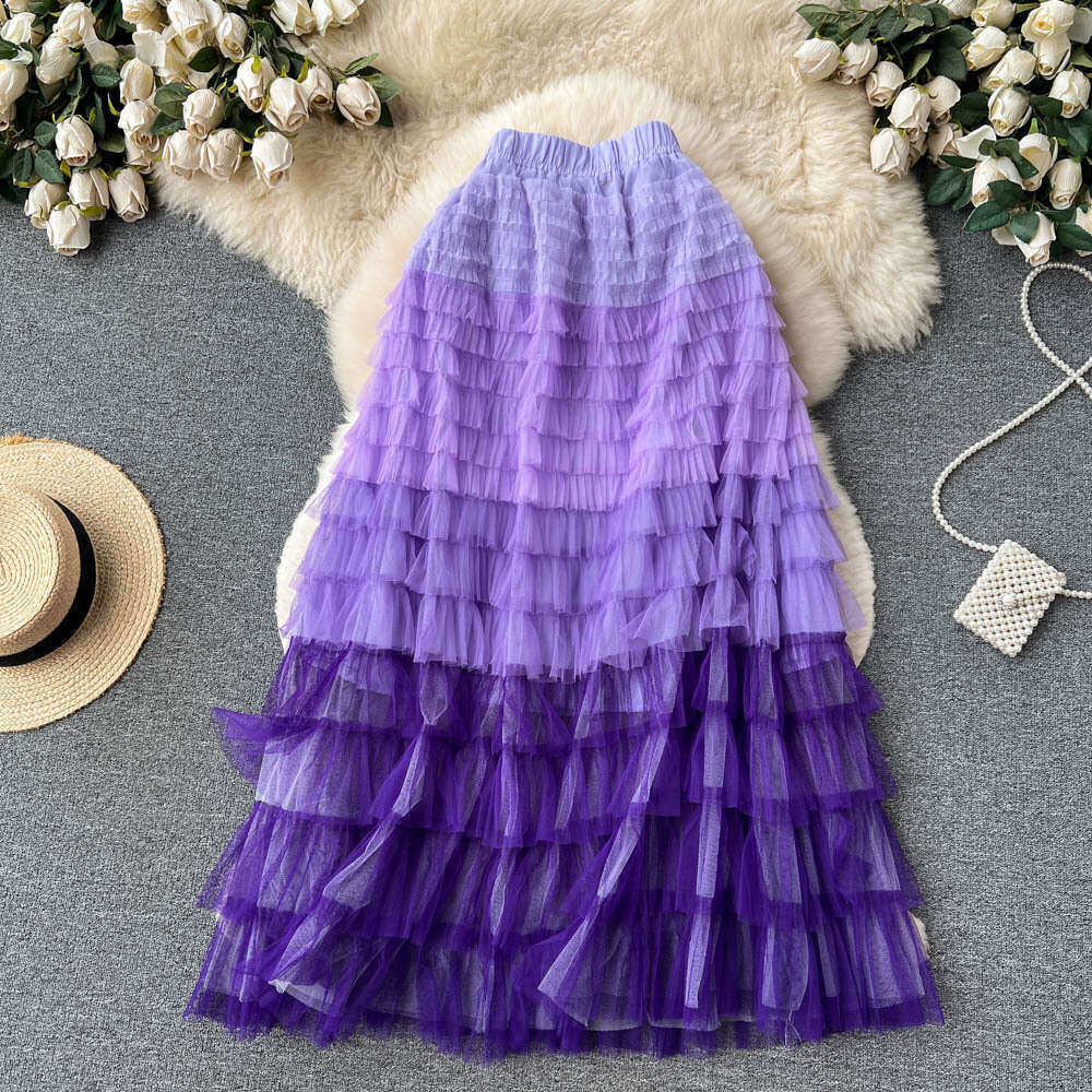 Gradient Irregular Mesh Womens Mid Length Cake Skirt, Fluffy High Waisted, Slimming A-line Fairy Skirt Waist Loose Short Bifurcated Pregnant Womens Dr