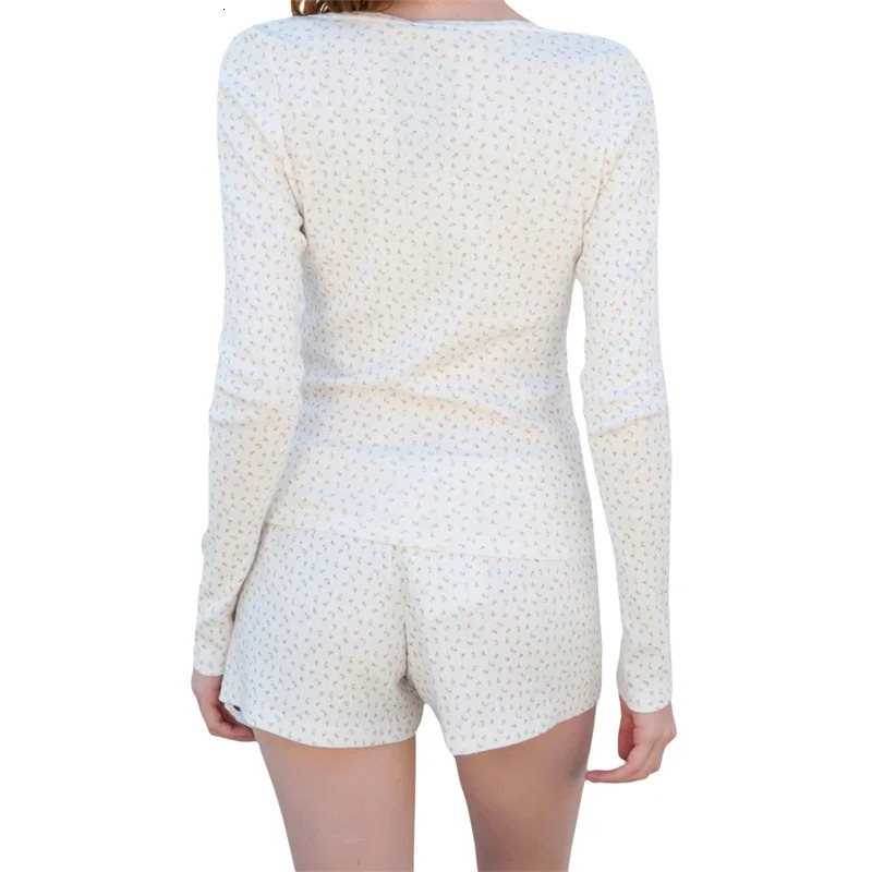 Vintage Floral 2 Piece Set y2k Fairy Cottage Button O Neck Long Sleeve T-shirt Shorts 90s Kawaii Lounge Matching Suits 240716