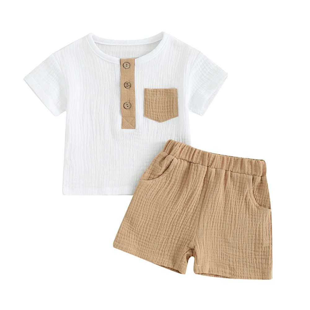 Clothing Sets Cotton Linen Kids Clothes Outfit Summer Boy Clothing Sets Short Sleeve Round Neck Pocket Tops Shorts Children Clothing 0-3 Years P9K1