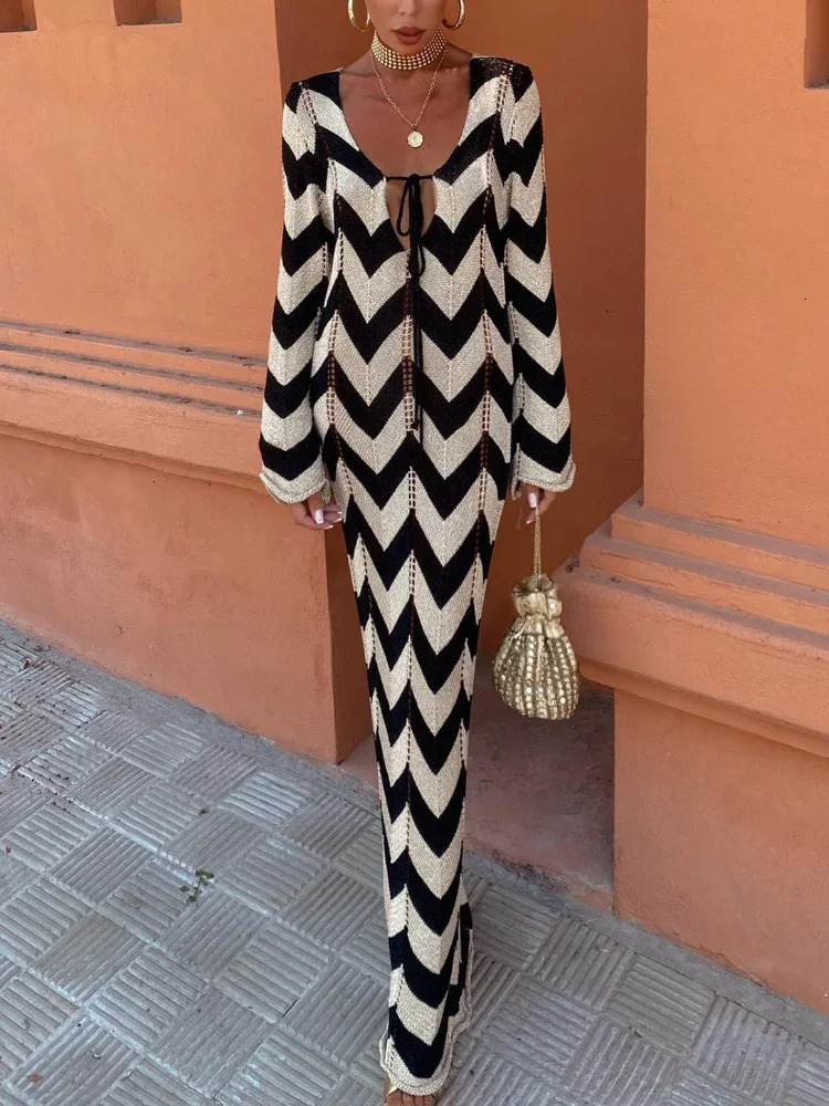 Elegant Hookflower Striped Knitted Long Dress Women V-neck Hollow Out Lace Up Long Sleeve Vestido Lady Vacation Robes 240715