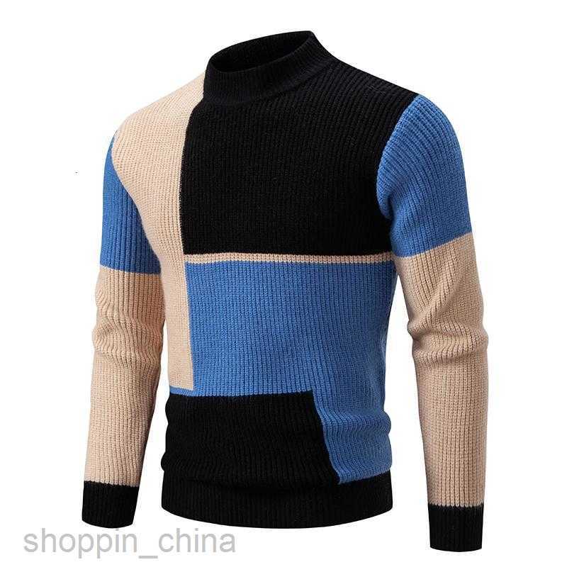 Mens Sweaters winter new men's semi high neck contrasting pullover sweater knitted sweater youth fashion casual top