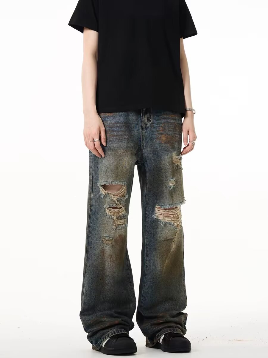 Teenage high American ripped jeans for men, hip-hop and cool, explosive street straight leg slightly flared loose pants