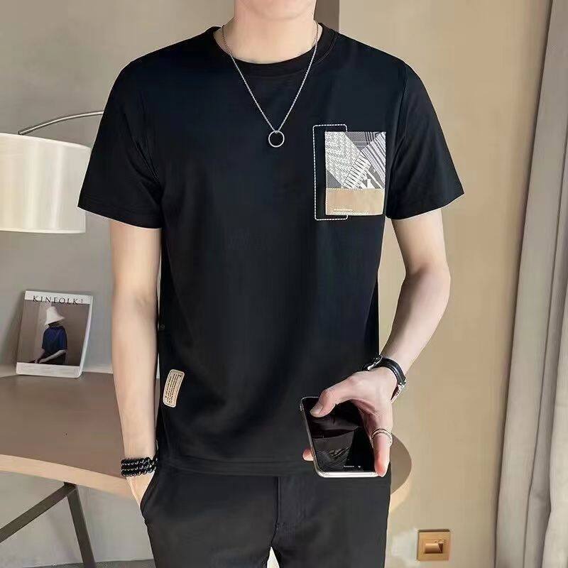 2025 Summer Men's Fashion High end Cotton Splicing Simple and Casual Handsome Short sleeved Shirt with Versatile Collar
