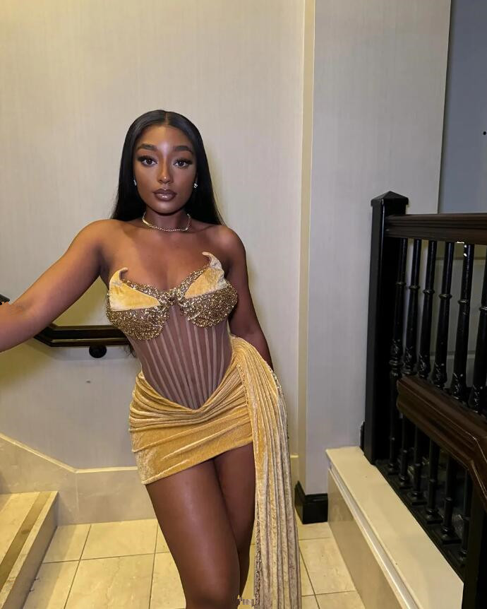 Golden Diamond Corset Mini Cocktail Evening Dresses with Side Train Sparkly Crystal Velvet Birthday Homecoming Gown Black girl prom