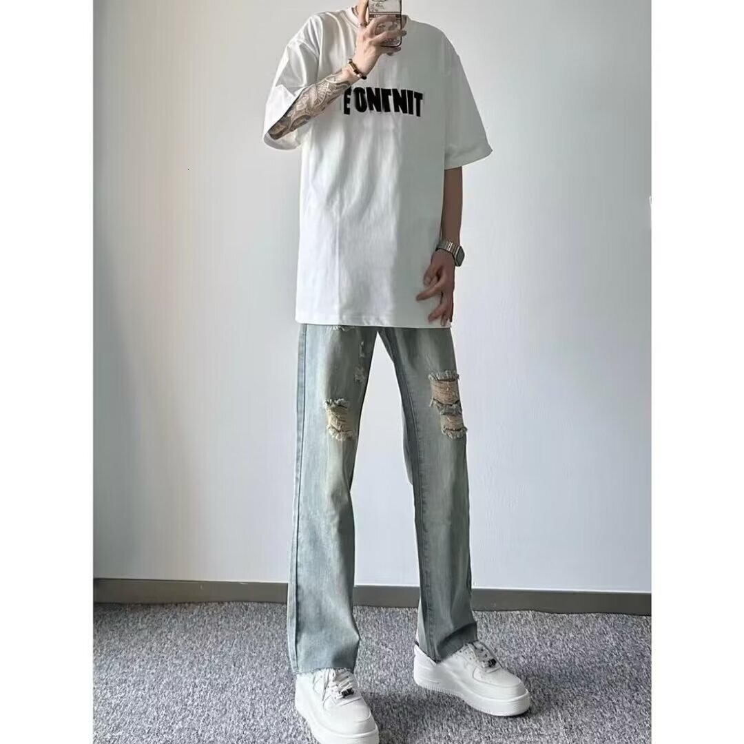 New high street washed distressed jeans with holes, men's trendy brand loose straight tube versatile American pants