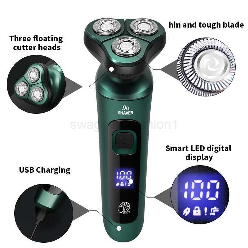 Green Smart Electric Shaver LCD Digital Display Three-head Floating Razor USB Rechargeable Washing Multi-function Beard KnifeB240709