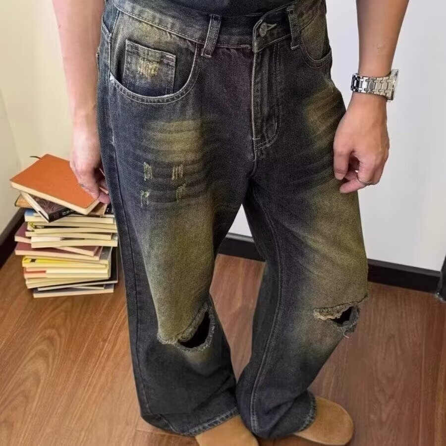 Distressed jeans for men's summer slim American high street design with a sense of niche, distressed, washed loose, straight leg long pants