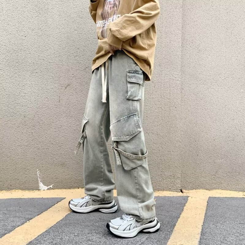 Workwear jeans men's American style 2023 autumn and winter new fashion brand straight casual fashionable loose wide leg pants trendy