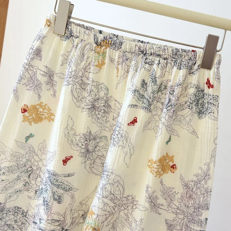 100% Cotton Gauze Women Pajamas Sleepwear Female 2 Piece Set Ink Painting Printing Nightwear Pyjamas Home Clothes Loungewear 240712