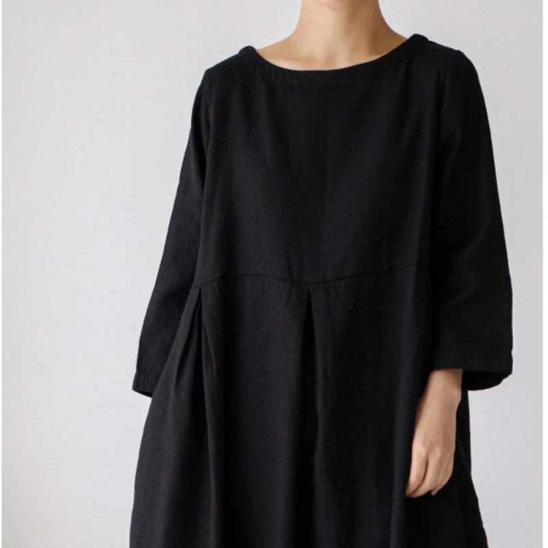 Loose Casual Cotton Linen Dresses for Women Longsleeved Round Neck Vintage Simple Solid Colour Female Holiday Beach Long Dress 240717