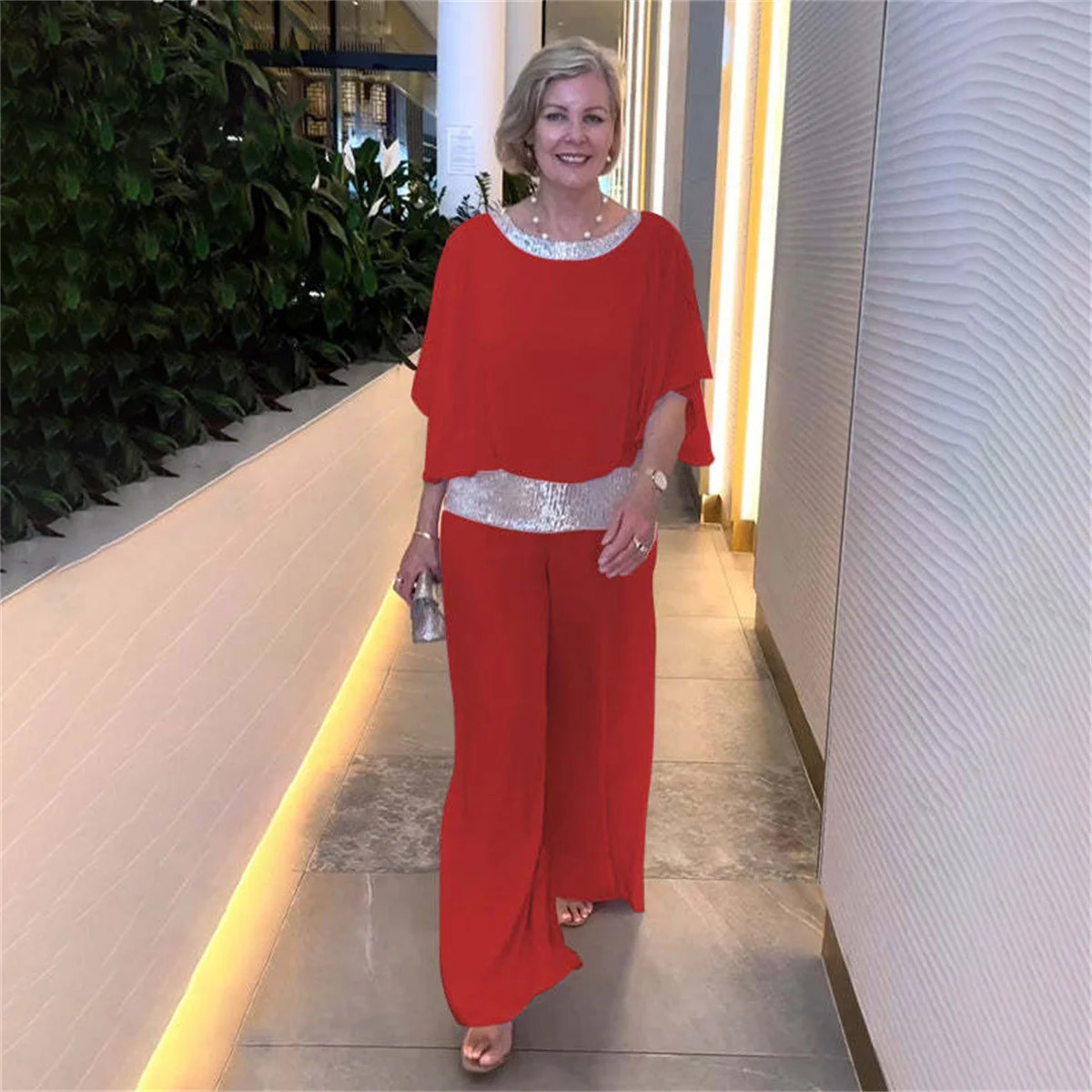 Fashion Sequined Pink Set For Women Elegant Office Lady Chiffon Suit Summer Casual Bat Sleeve Top Wide Leg Pants 2piece Sets 240716