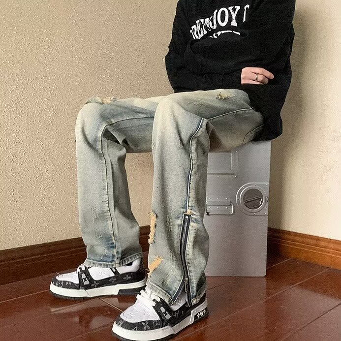 2024American high street ripped jeans men's summer thin, loose straight leg trendy brand split zipper pants