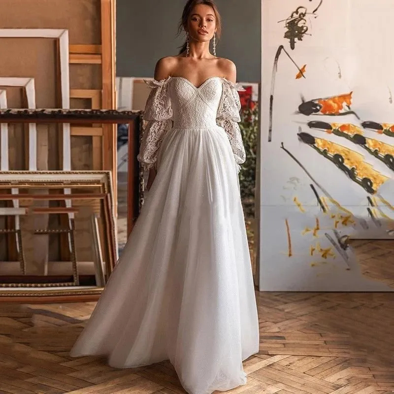 Off Shoulder Long Sleeve A-Line Wedding Dresses Open Back Boho Lace Beach Bridal Gowns Court Train Sweetheart Ivory Bride Dress 2024