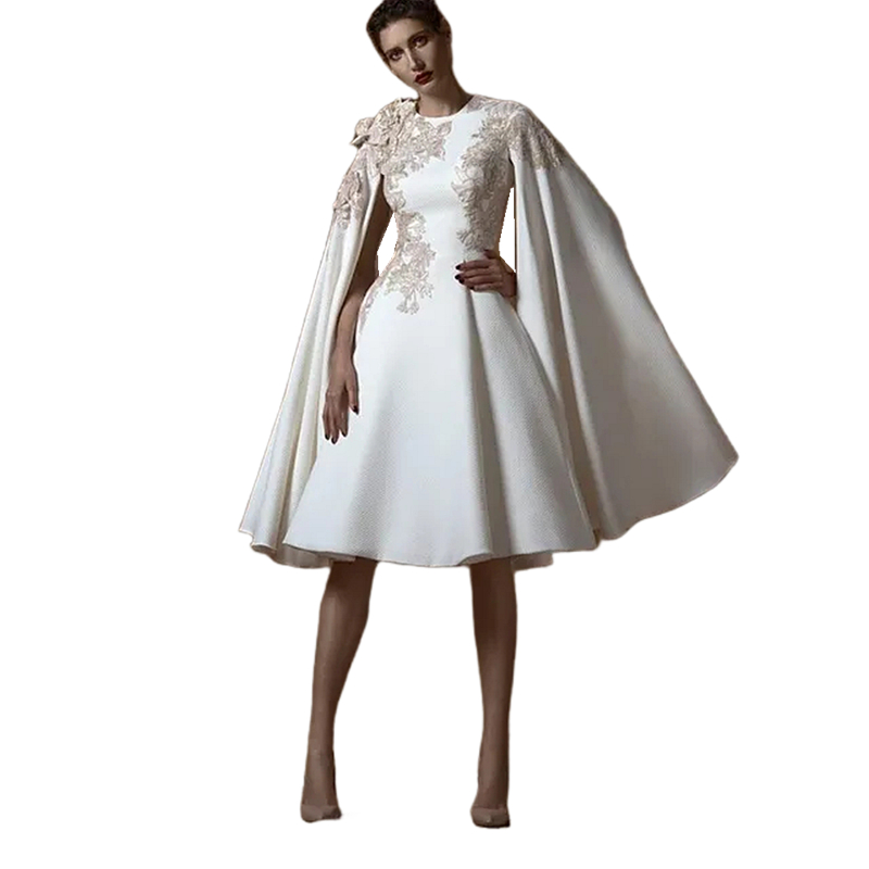 Elegant Knee Length A-E Satin Evening Dresses Cape Sleeves Crew Neck White Reception Dress For Women 2024 Lace Appliques Modern Prom Celebrity Party G