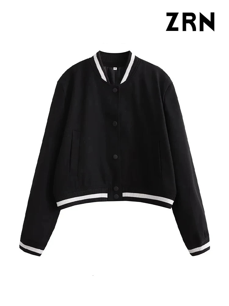 ZRN Women Fashion With Pockets Bomber Jacket Coat Vintage Long Sleeve Front Button Female Outerwear Chic Tops 240715