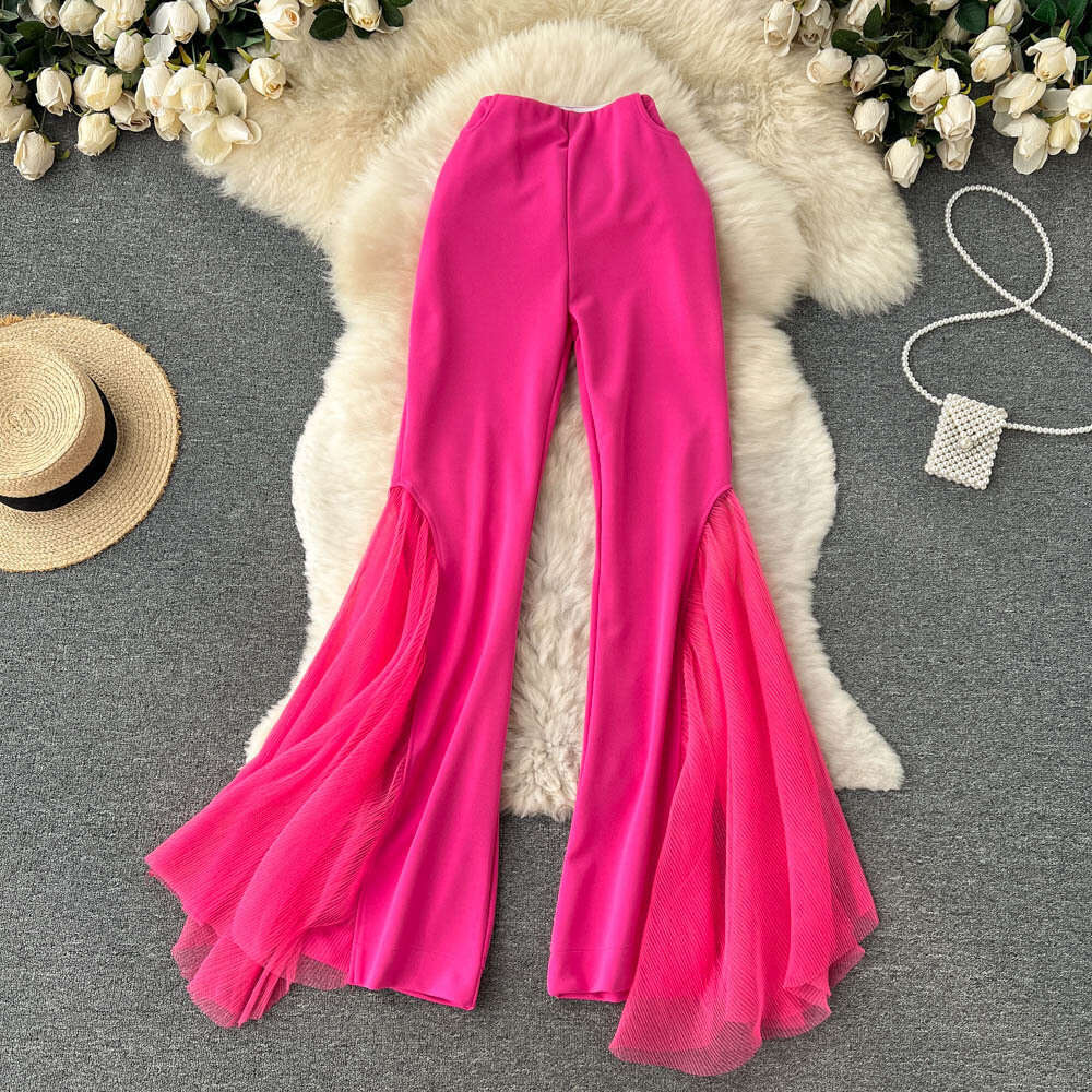 Trendy Brand Summer Women's Design Sense, Niche Mesh Patchwork Flared Fashionable Performance Clothing, Dance Pants, Trendy Overalls Jeans for Pr