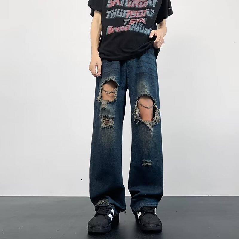 Outdated, ripped design, floor length jeans, summer niche fashion brand, high street loose and versatile beggar wide leg pants