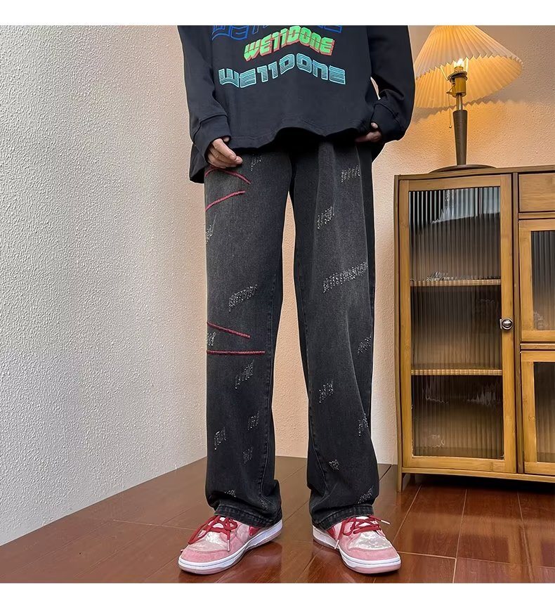 Jeans, leg, loose fitting, straight zipper, autumn youthful, trendy, versatile, washed men's pants