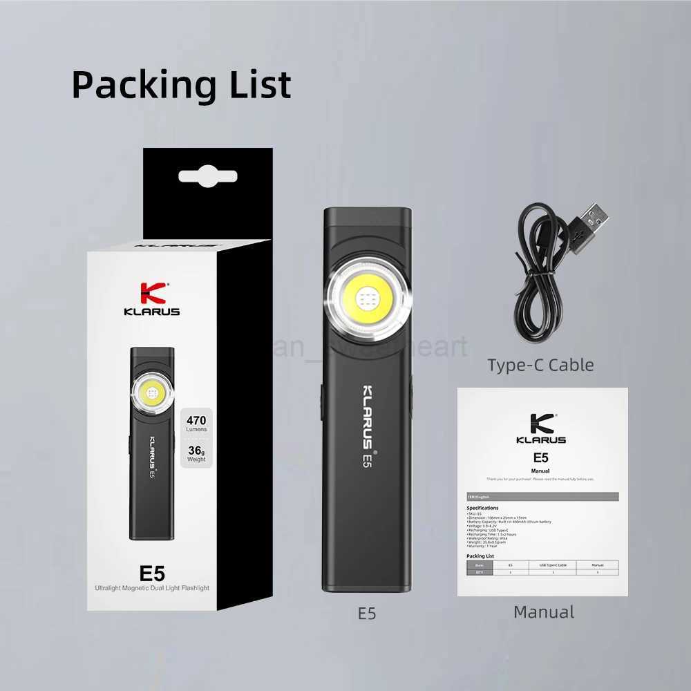 Klarus E5 EDC Rechargeable Flashlight With USB Charging LED Lantern Built-in Li-ion Battery Torch 470LM IPX4 with Tail MagneticCL240718