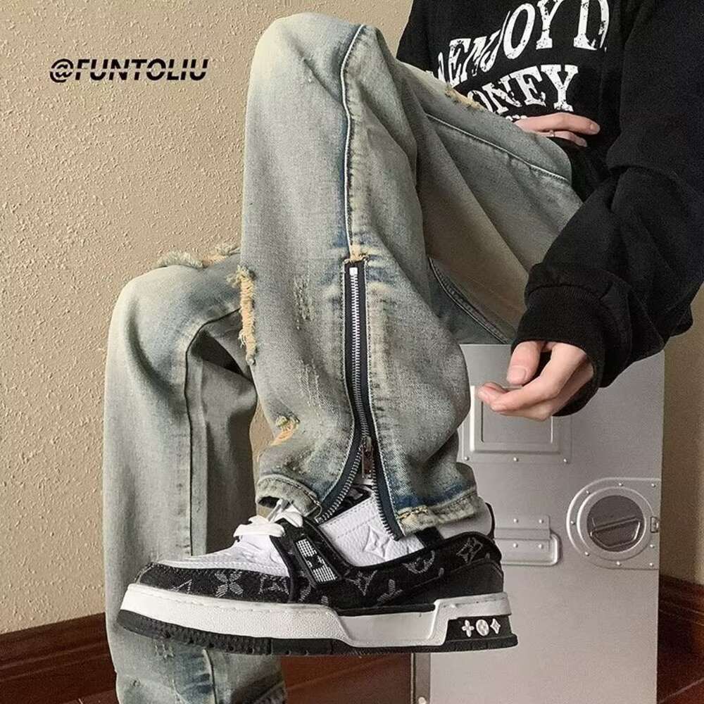 American high street ripped jeans men's summer thin, loose straight leg trendy brand split zipper pants
