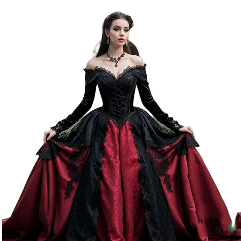 Long Sleeves Corset Princess Wedding Dresses Black And Burgundy Gothic Bridal Gowns Lace Appliques Medieval Women Dress Custom Made