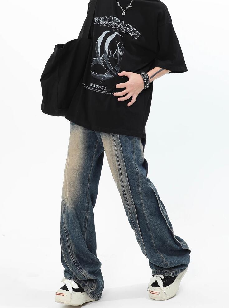 MaxDstr American style premium splicing jeans for women, loose high street wide hanging straight leg pants, long pants