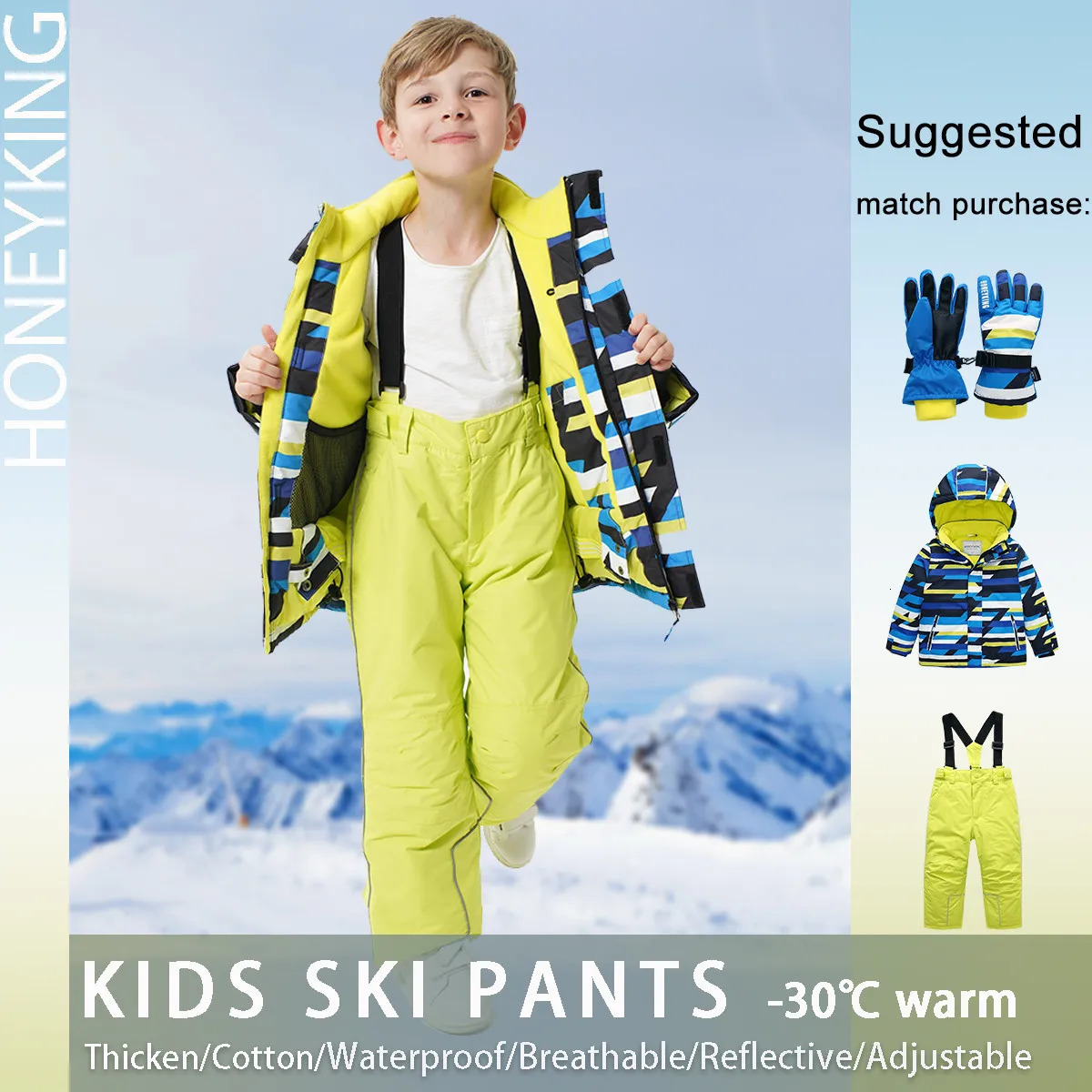 HONEYKING Kids Ski Pants Winter Outdoor Waterproof Warm Ski Trousers Boys And Girls Jumpsuit Overalls Tracksuits Kids Snow Pants 240715