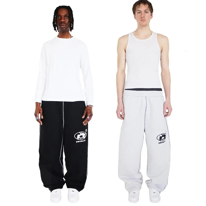 Harajuku Hip Hop Letter Embroidery Streetwear PROTECT jogging pants Y2K mens Vintage Black Baggy pants High Waist Wide Trouser 240708