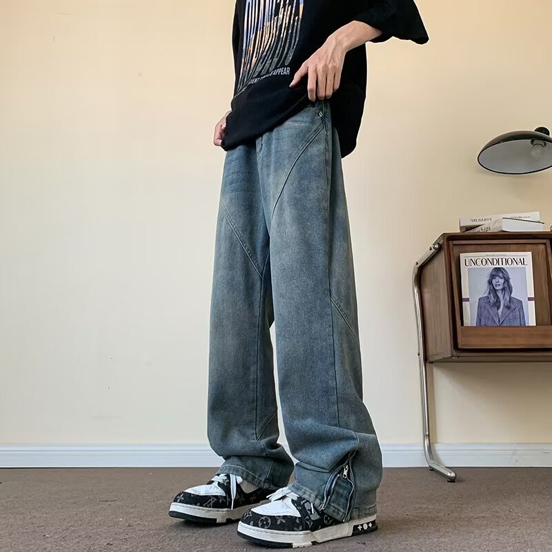 Summer New American High Street Jeans for Men, Vibe Design, Zipper, Micro Pull, Loose, Straight, Rascal, Handsome Long Pants