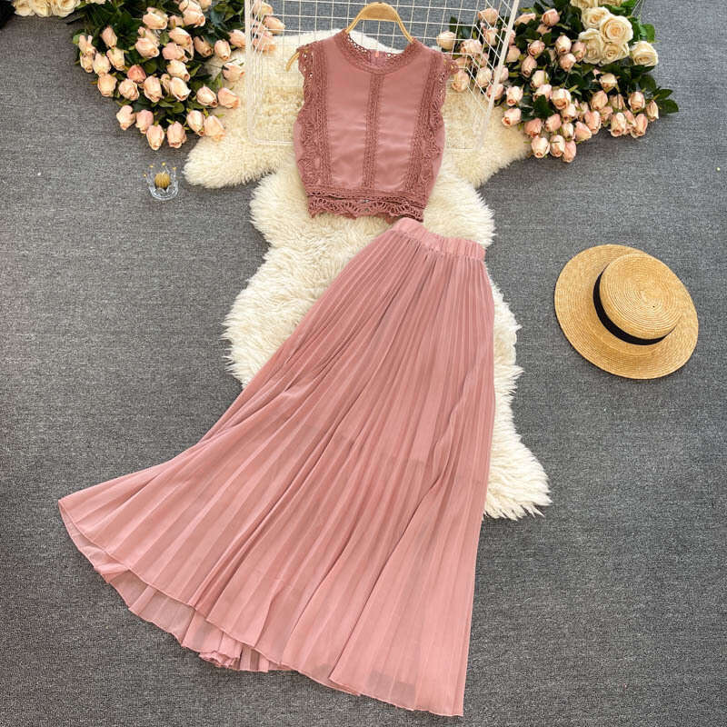 Seaside Vacation 2022 Summer Womens Lace Top, High Waist, Slim Look, Folded Chiffon Half Skirt, Two Piece Set Waist Sexy Oversize Dress Lace Dress