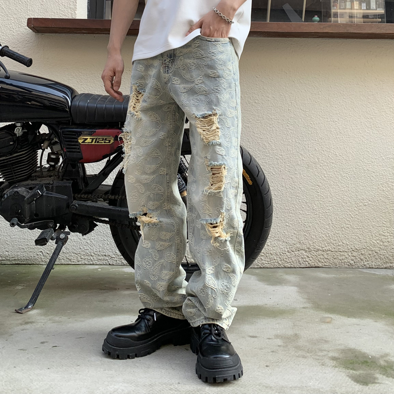 American fashion brand ripped jeans loose straight leg quality jacquard men's denim pants