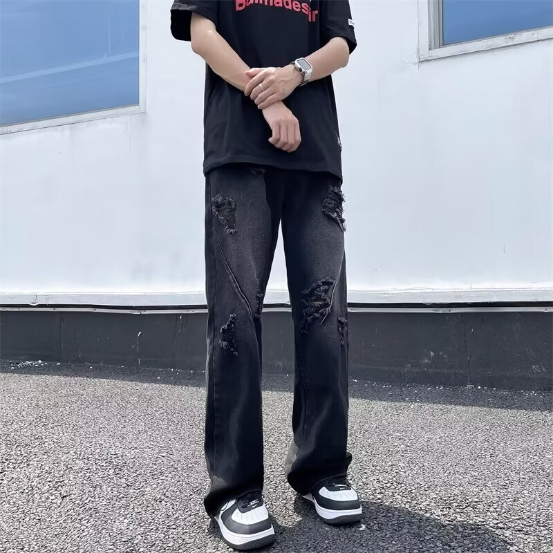 2024 Summer Fashion Micro La Gao Street Boys with Broken Holes Light Blue Versatile Jeans for Men and Women