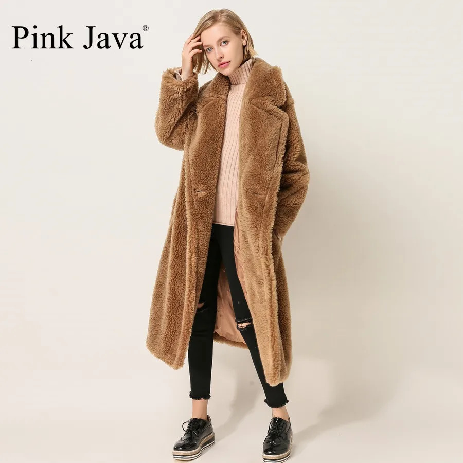 PINK JAVA QC1848 arrival real sheep fur coat long style camel teddy coat over size winter women coat 240708