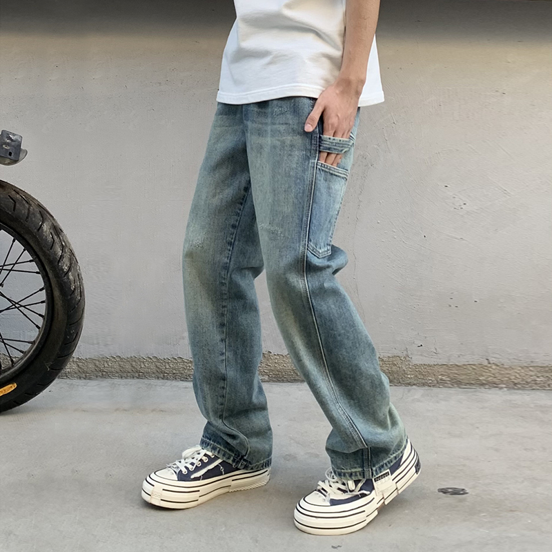 American fashion brand workwear jeans men's trendy straight washed loose and versatile quality wide leg pants