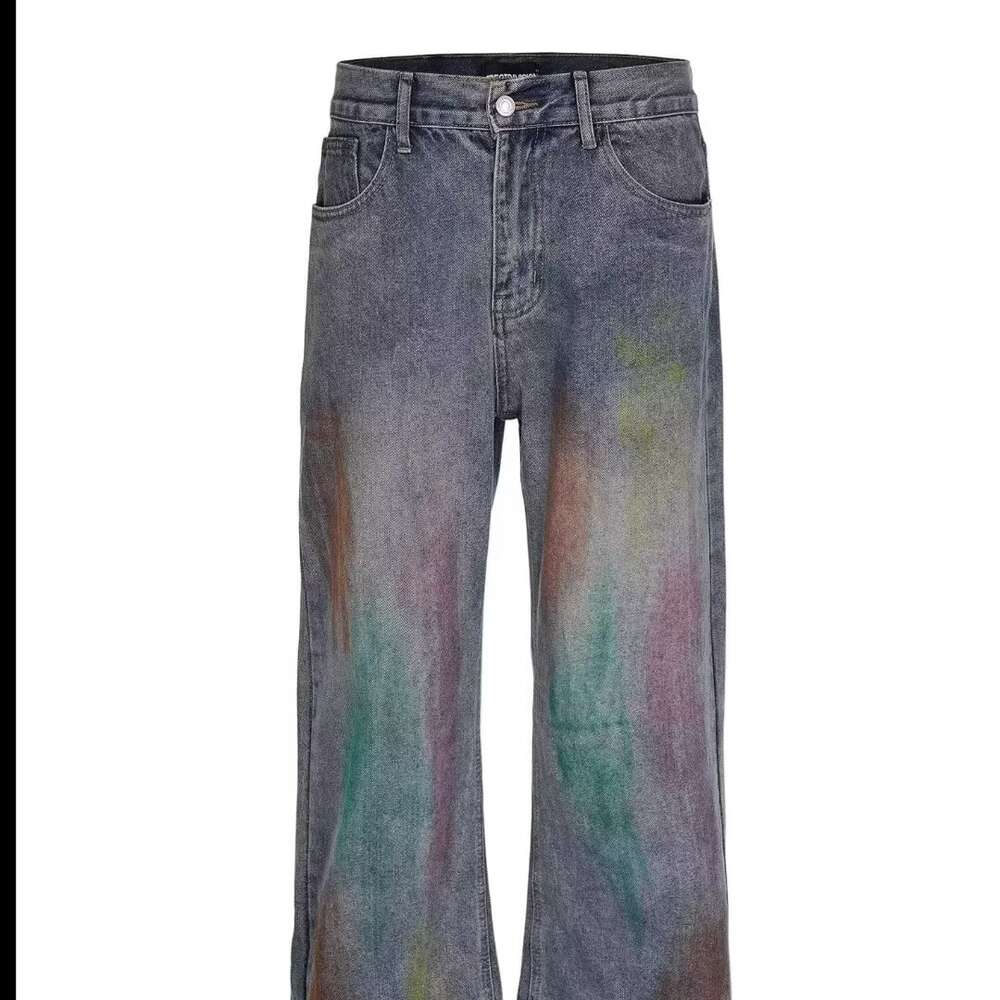 American style high street rainbow graffiti design jeans men's trendy brand loose and versatile straight leg hanging pants