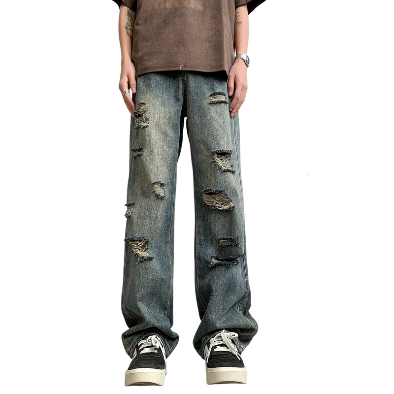 High street American casual ripped jeans men's summer loose straight leg trendy brand pants