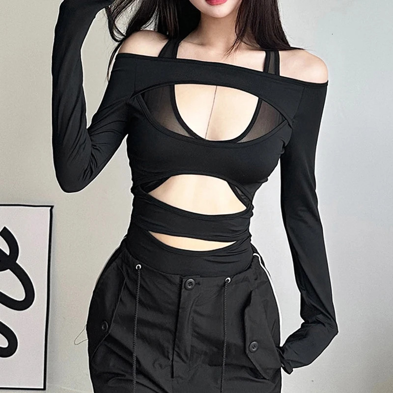 Goth Dark Cyber Y2k Punk Hollow Out Sexy Bodysuits Mall Gothic Bodycon Mesh Sheer T-shirts Women Long Sleeve Patchwork Bodysuit 240716