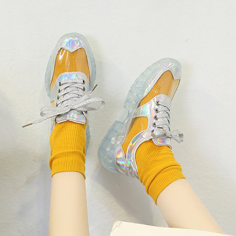 HBP Transparent Glitter Crystal Sole Flat Casual Shoes Cross Tied Women's Shoes Low Help Front Tie Color Blocking Ping He Round Head Sports Style