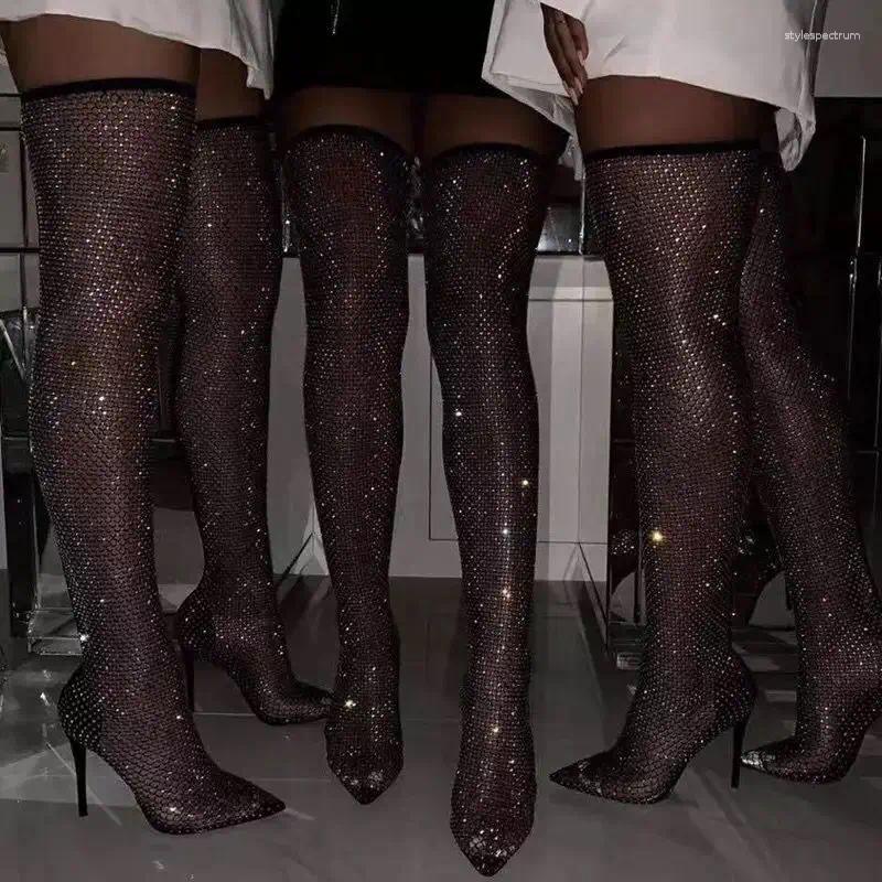 Dress Shoes Summer Sexy Women High Heels Boots Rhinestone Mesh Thigh Over-the-knee Sandals Female Fashion Banquet