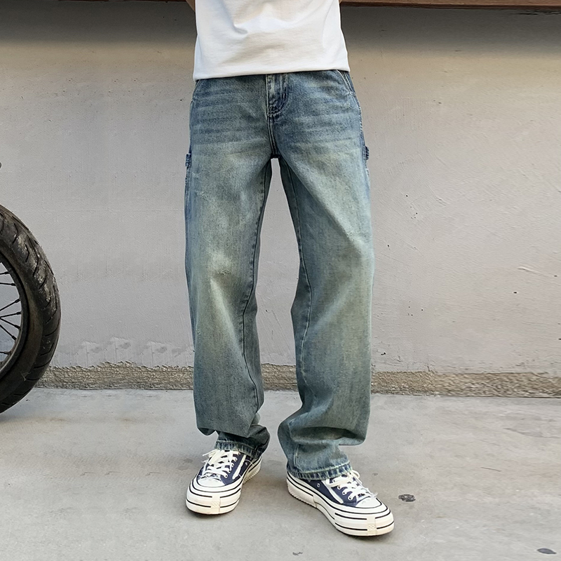 American fashion brand workwear jeans men's trendy straight washed loose and versatile quality wide leg pants