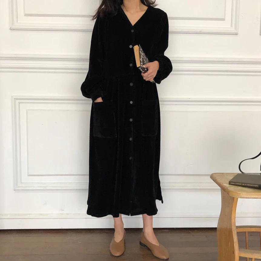 Women Autumn Winter Vintage Long Dress Elegant Full Sleeve Single Breasted Tunic Casual Corduroy with Pocket Vestidos 240712