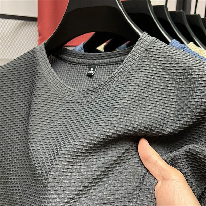 Summer Mesh Ice Silk T-shirt Men's Short Round Neck 2023 New Half Sleeve Men Thin Solid Color Tees Top