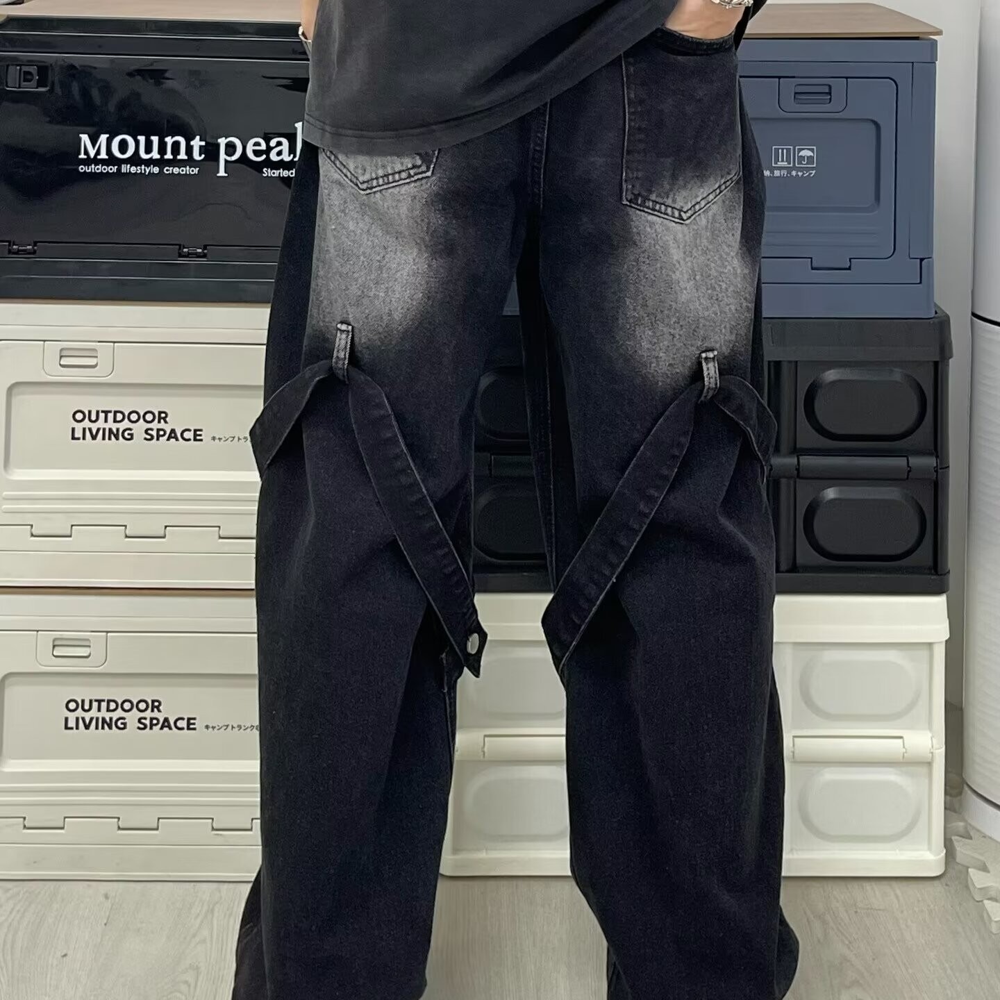 High Trendy Washed Structure Strap Jeans with American Street Design Gradient Splicing Pants