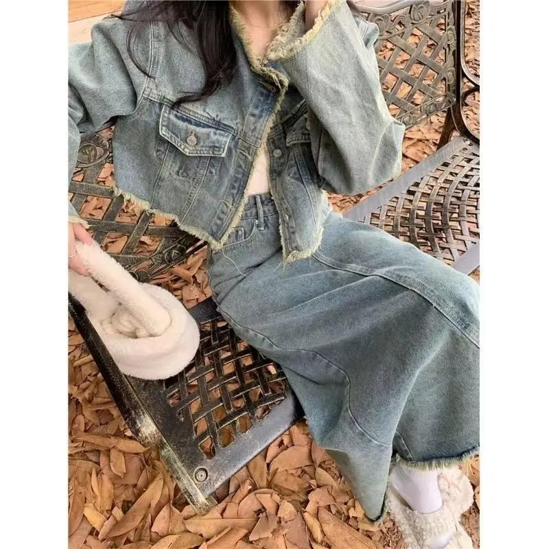 Women Denim Coat Skirt 2 Piece Sets Retro Tassel Outerwear Autumn Long Sleeve Jacket High Waist Jean Skirt Suits Female Outfits 240715