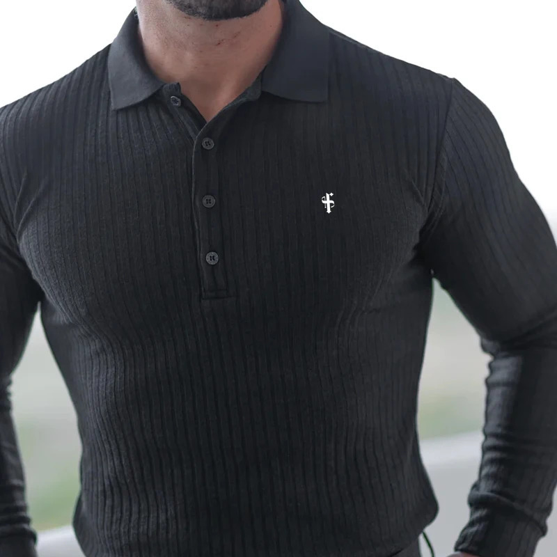 Father Sons Classic Black Ribbed POLO Shirt Long Sleeve Spring Sports Casual Loose Stretch TShirts Fitness Bottom 240716