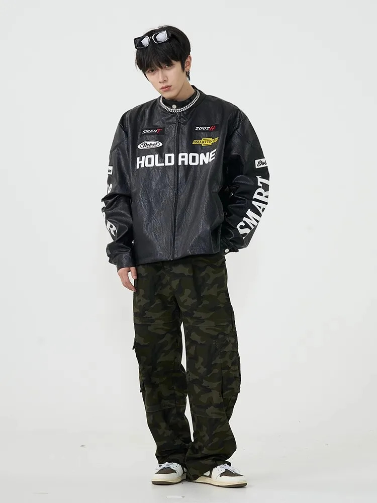 High Street PU Leather Jacket for Men Women Letter Embroidery Motorcycle Racing Baseball Jacket Vintage Y2k Bombers Coat 240715