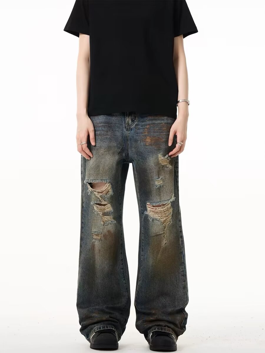 Teenage high American ripped jeans for men, hip-hop and cool, explosive street straight leg slightly flared loose pants