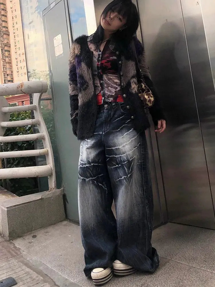 Y2K American High Street Makes Old Ground White Loose Jeans Women Harajuku Style Retro Trend Loose Casual Street Mopping Pants 240717