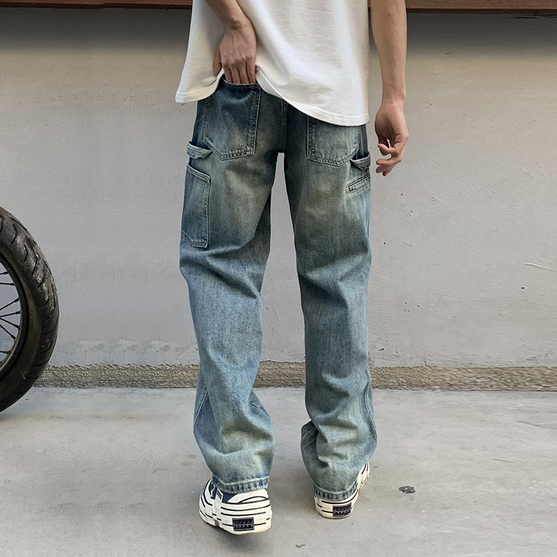 American fashion brand workwear jeans men's trendy straight washed loose and versatile quality wide leg pants